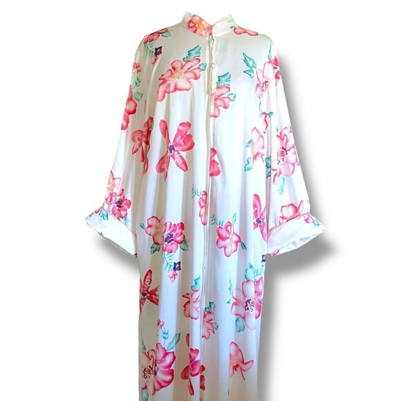 Vintage Natori Womens Robe Sz Large Ivory Pink Tropical Floral Kaftan House Coat